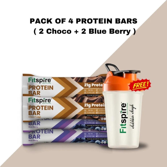 PACK OF 4 PROTEIN BAR (2 CHOCO-FUDGE AND 2 BLUE BERRY) WITH SHAKER