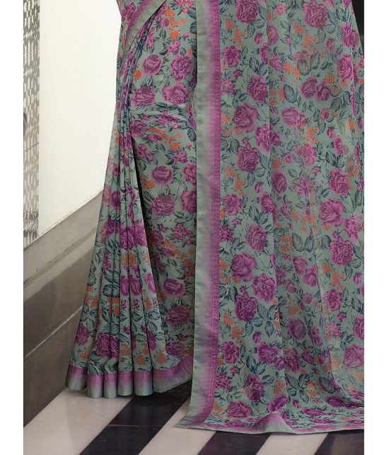 Rangita Georgette Floral Printed Saree With Lace Border & Blouse Piece -Grey - Grey