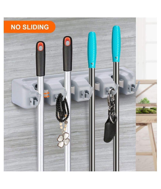 Mop and Broom Holder; Upgraded with Effective Strong Holding 4 Slot Position with 4 Hooks Garage Storage up to 9 Tools Wall Mounted; Organize Ideas; Standard Size (Grey Color)