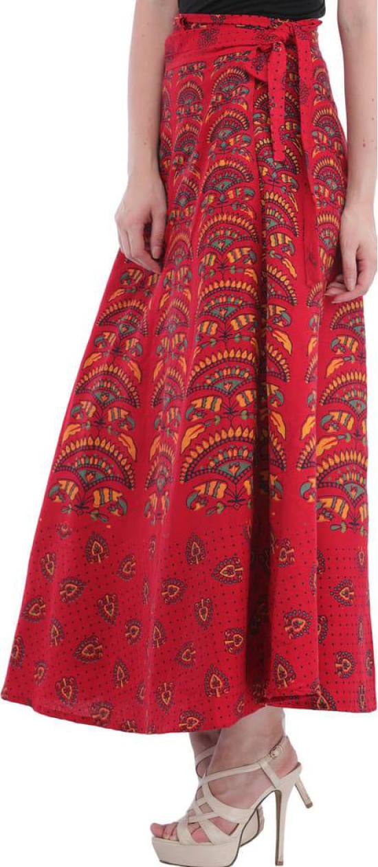 Rococco-Red Wrap-Around Printed Long Skirt from Pilkhuwa