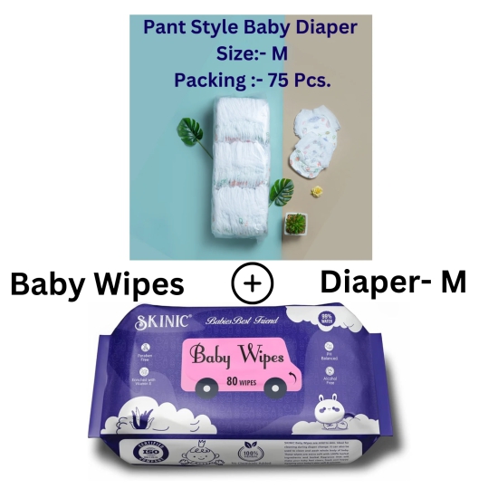 Baby Diaper 75 pcs - M (Baby Wipes 80 pcs Free)