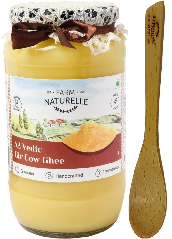 Farm Naturelle A2 Pure Gir Cow Ghee 1000ml Extra In Glass Bottle | Extra Engraved Virgin Wooden Spoon| 100% Desi Gir Cow Ghee | Vedic Bilona Method-Curd Churned-Golden | Lab Tested Grainy & Aromatic, Keto Friendly | Non-GMO Grassfed, Premium & Traditional