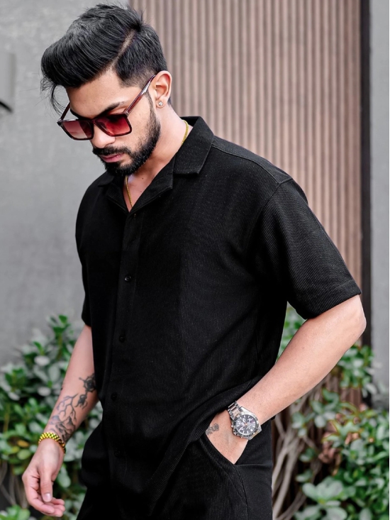 Cord Knit Textured Black Shirt-XL / Black