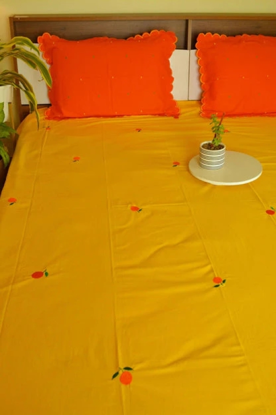 Santra Embroidered Orange Cotton Bedsheet