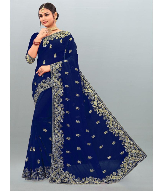 Om Shantam Sarees - Navy Blue Georgette Saree With Blouse Piece ( Pack of 1 ) - Navy Blue