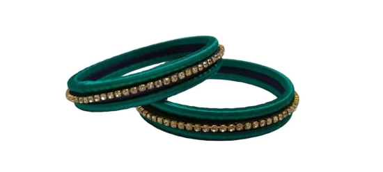 Green Silk Thread Bangle Set with Rhinestone and Black Beads