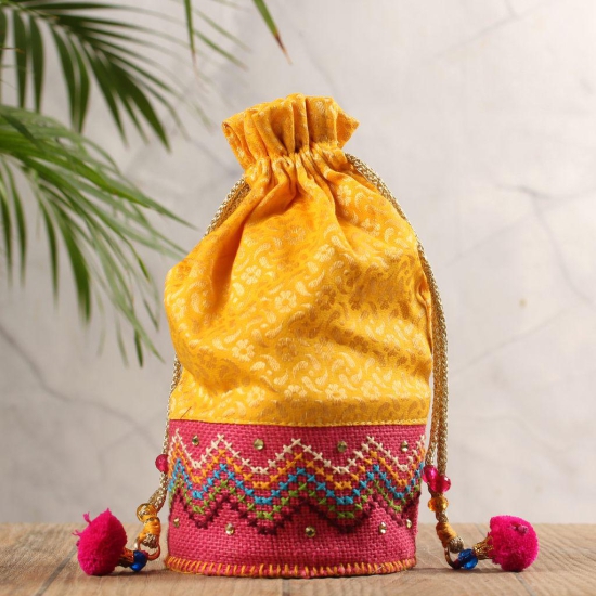 Tribes India Hand Embroidered Round Potli (Yellow)
