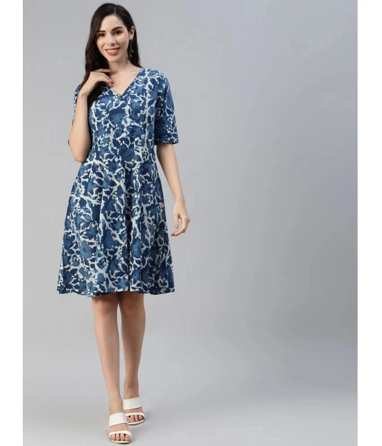 Divena - Cotton Blue Womens Fit And Flare Dress ( Pack of 1 ) - None