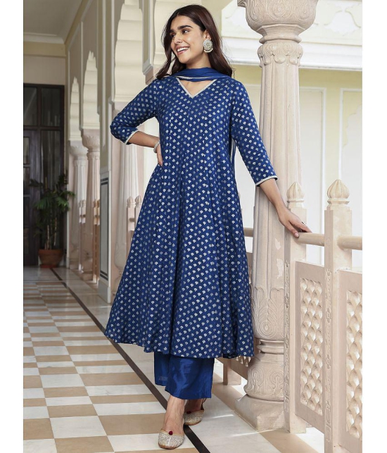 Janasya Brocade Printed Kurti With Palazzo Women''s Stitched Salwar Suit - Blue ( Pack of 1 ) - None