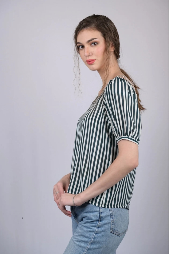 White and Green Striped Relaxed Fit Boat Neckline Top (OTL-TPS1021)-Blue / M