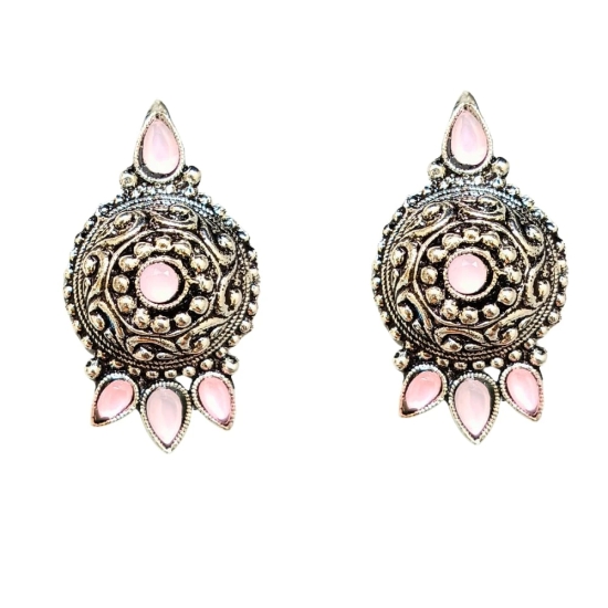 Oxidized German Silver Antique Look Afghani Chandbali Earrings With Light Pink Stones