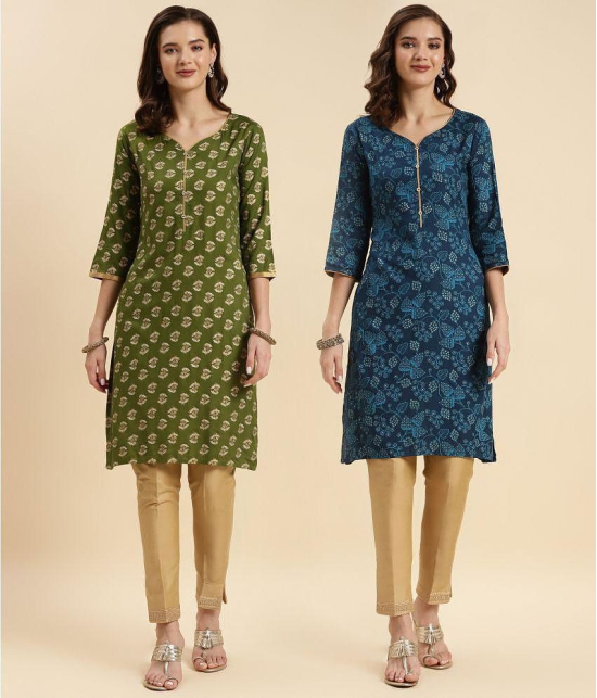 Rangita Rayon Printed Straight Womens Kurti - Green & Blue ( Pack of 2 ) - None