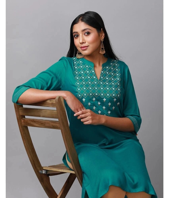 Alena Rayon Embroidered Straight Womens Kurti - Teal ( Pack of 1 ) - None