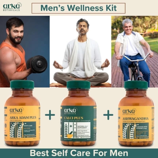 Arka Botanicals Mens Wellness Kit | Ashwagandha for Stress Support, Calci Plus for Bone Strength & Adam Plus for Hormonal Balance | Comprehensive Health Supplement Combo Pack for Men