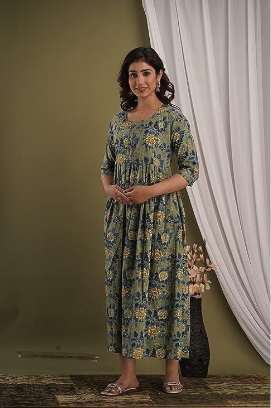 KASHVI Creation Women's Cotton Floral Printed Anarkali Maternity Feeding Kurti-Green