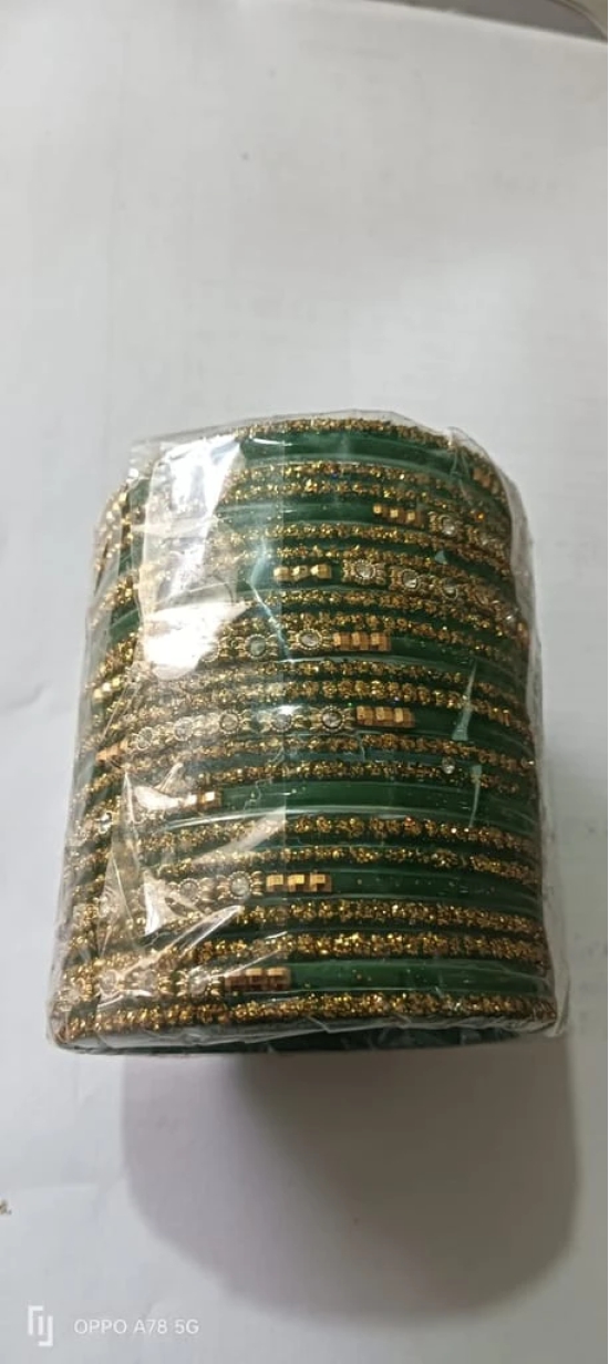 Green Glass Bangles with Golden Rhinestones