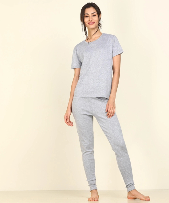 Womens Lounge Wear Regular Fit T-Shirt And Solid Tights Set-XL / Grey