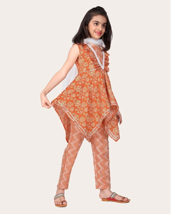 Designer Cotton Print Work Kid Top Bottom With Dupatta Orange-Yellow / 10 - 11 Years