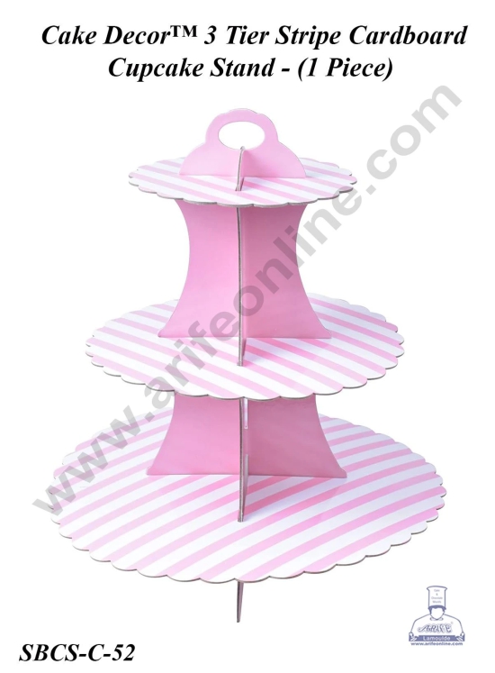 Cake Decor™ 3 Tier Stripe Cardboard Cupcake Stand - (1 Piece)-PINK