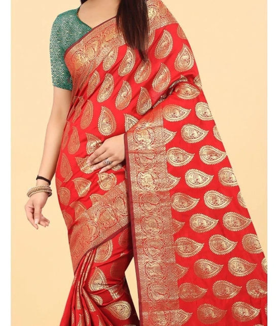 Gazal Fashions - Red Banarasi Silk Saree With Blouse Piece ( Pack of 1 ) - Red