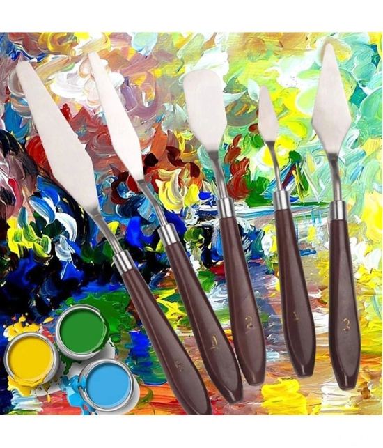 ECLET Palette Painting Knives - Set of 5 Various Sizes & Shapes, Stainless Steel Scraper Spatula with Polished Brown Handle for Artist Canvas Oil Paint Mixing Colour(C)