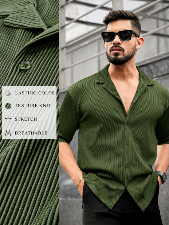 Stripe Textured Olive Half Sleeve Shirt-XL / Olive