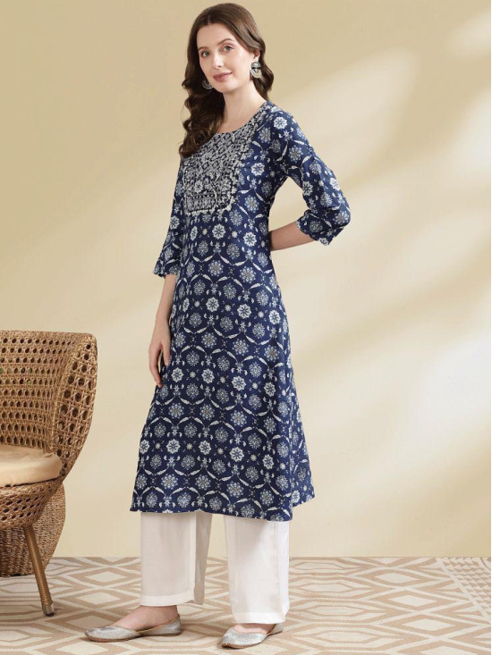 Rangita Women Rayon Blue Embroidered Calf Length A-line Kurti - None