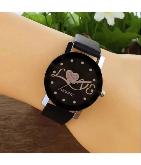 acnos Black Leather Analog Womens Watch