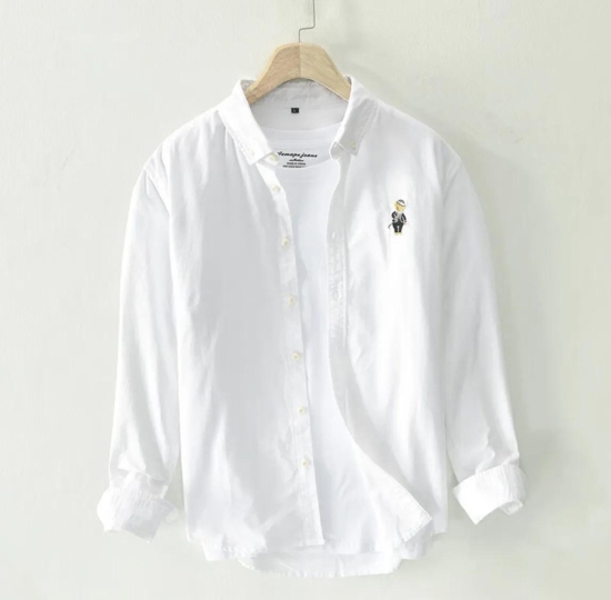 White Cotton Solid Color Casual Long Sleeved Shirt-XXL