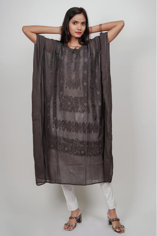 VASU INC. Handmade Lucknow Chikankari Kaftan Kurta Coke Colour Viscose Georgette ms004