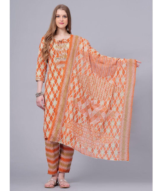 JC4U Cotton Printed Kurti With Pants Womens Stitched Salwar Suit - Orange ( Pack of 1 ) - None