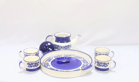 Khurja Pottery Murli Mug Tea Set White & Blue Color Big