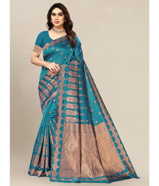 Om Shantam Sarees - Teal Banarasi Silk Saree With Blouse Piece ( Pack of 1 ) - Teal