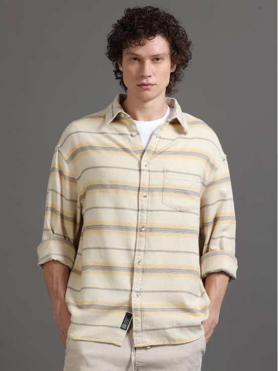 Premium Men Shirt, Relaxed Fit, Yarn Dyed Stripes, Pure Cotton, Full Sleeve, Beige-L / Beige