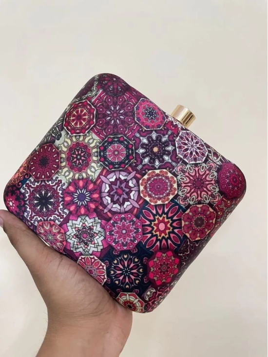 Pink with Multicolor printed Party hand cluth cum sling bag