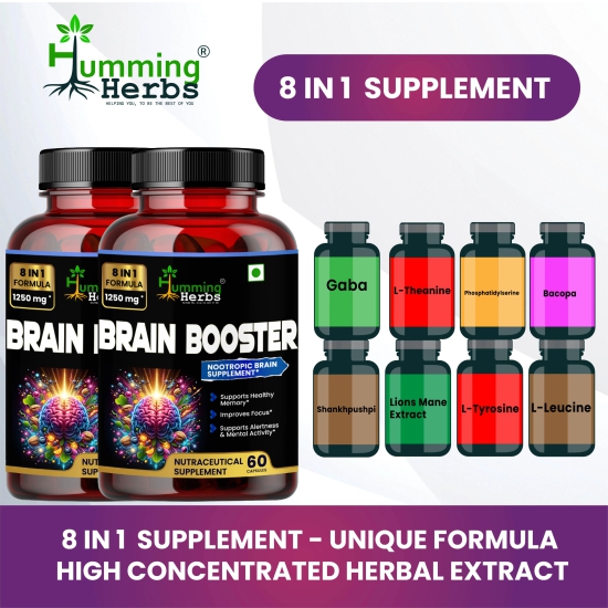 Humming Herbs Brain Booster | Nootropic Brain Supplement for Memory, Focus, & Mental Clarity - 8 in 1 Formula with GABA, Bacopa, Lions Mane - Pack of 2