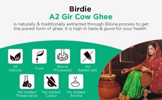 Birdie Superfoods -100% Pure A2 Gir Cow Desi Ghee Through Vedic Bilona Method (Glass Bottle- 250 mlx2 combo )