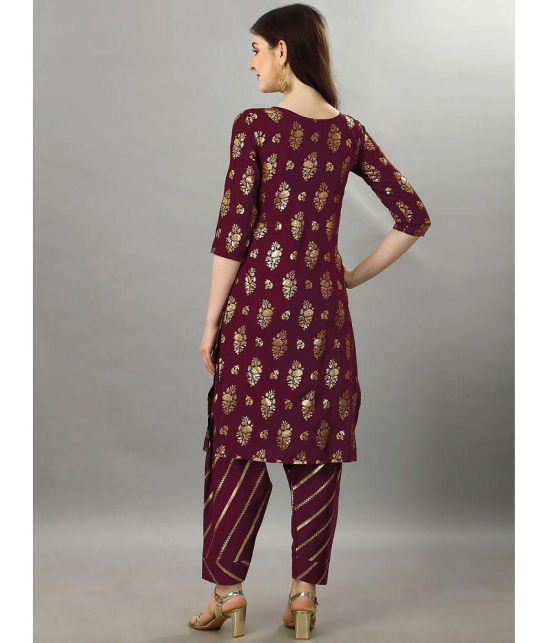 gufrina Rayon Printed Kurti With Salwar Womens Stitched Salwar Suit - Wine ( Pack of 1 ) - None