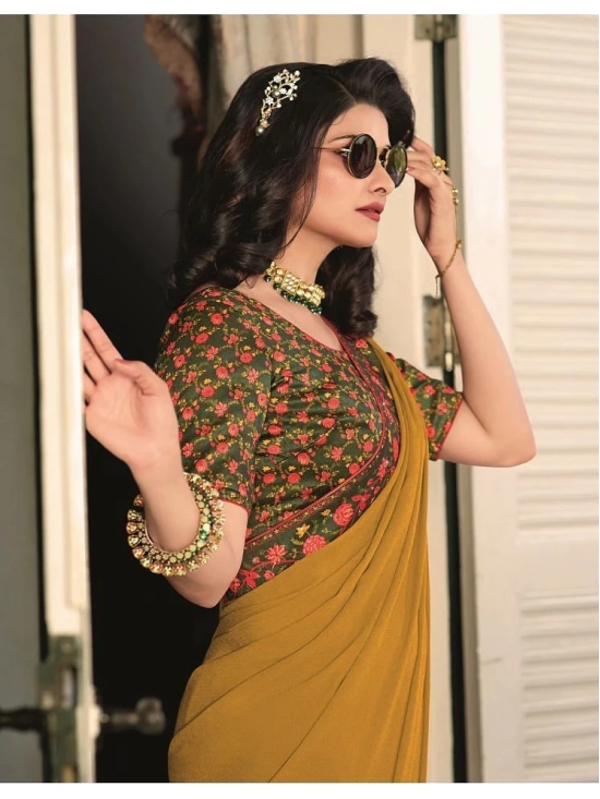 Gazal Fashions Georgette Printed Saree With Blouse Piece - Mustard ( Pack of 1 ) - Mustard