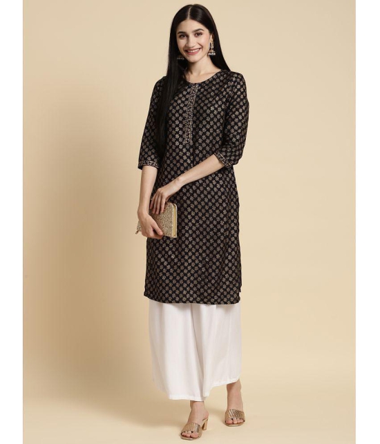 Rangita Women Rayon Black Gold Printed Knee Length Straight Kurti - None