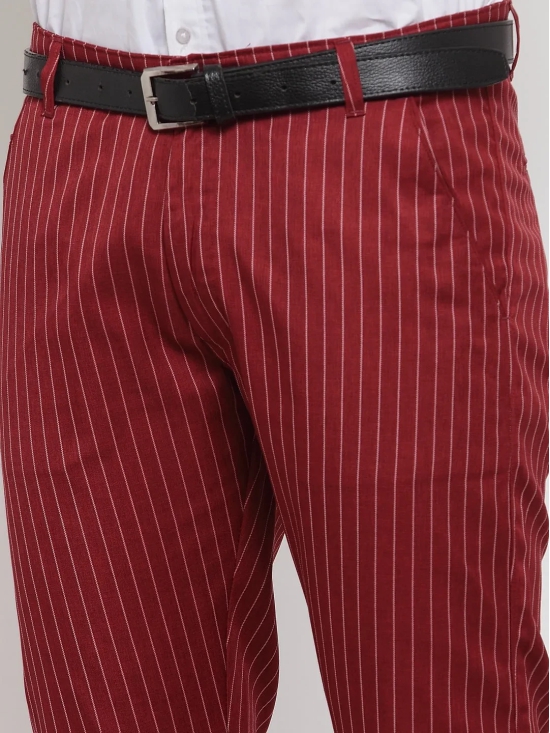 Indian Needle Men's Red Cotton Striped Formal Trousers-32 / Maroon