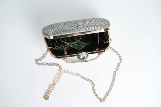 Embellished Handcrafted Hand Clutch Silver Color Party Bag