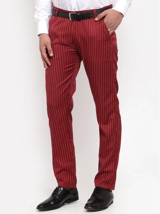 Indian Needle Men's Red Cotton Striped Formal Trousers-32 / Maroon