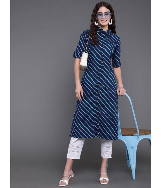 Antaran Cotton Striped Shirt Style Womens Kurti - Blue ( Pack of 1 ) - None