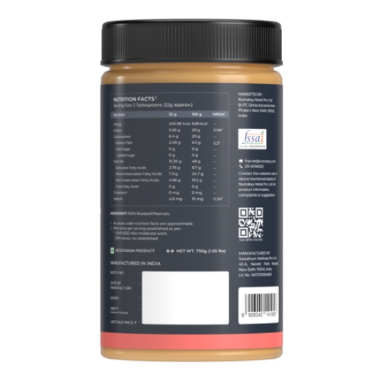 Nutrabay Foods All-Natural Peanut Butter (Crunchy) - Unsweetened, 750g | 100% Roasted Peanuts, 28g Protein, Zero Cholesterol, Vegan, Gluten Free, Non GMO