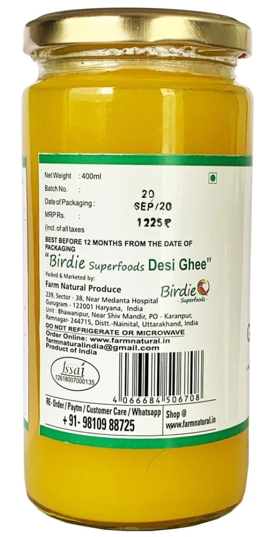 Birdie Superfoods -100% Pure Natural A2 Milk Desi Sahiwal Cow Ghee Prepared from Vedic Bilona Method-Immunity Superfood (400 ml) Glass Bottle