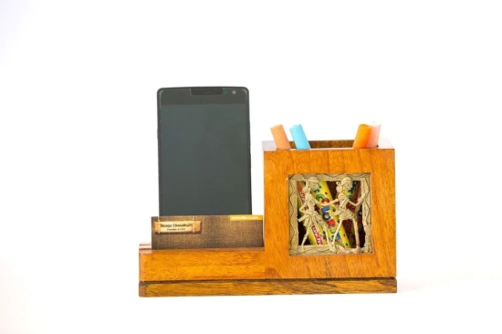 Mango Wood Pen Stand With Card & Mobile Holder