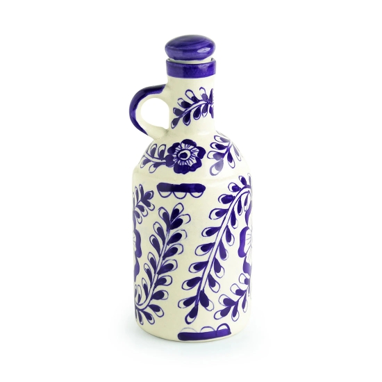 The Flowy Flora Mughal Handpainted Ink Blue Decorative Ceramic Oil Bottle (1000 ML)