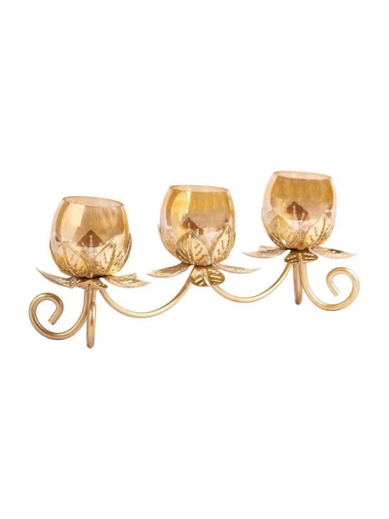 Round Gold 3In1 Glass Flower Tea Light Candle Holder