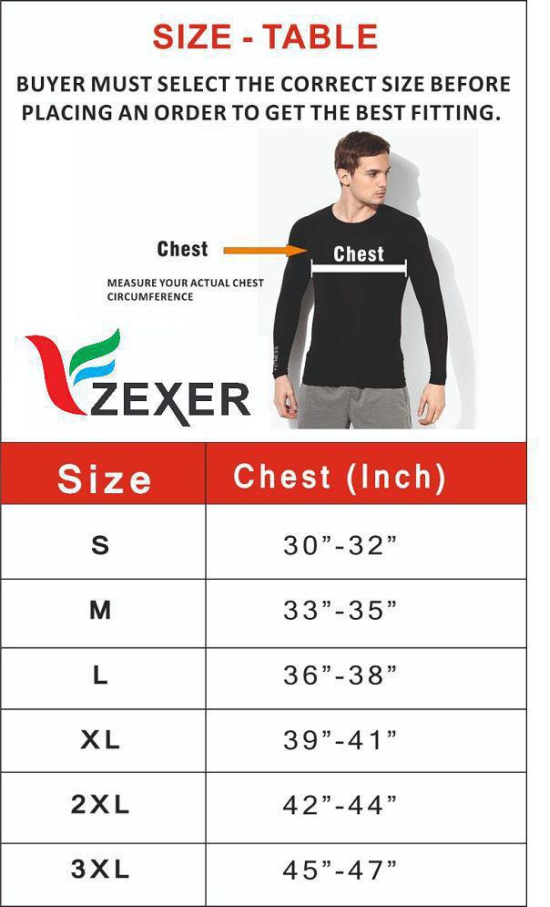 Zexer Unisex 100% Polyester Compression T-Shirt Top Base Layer Full Sleeve T-Shirts Sport Tight T-Shirts Cool Dry - L